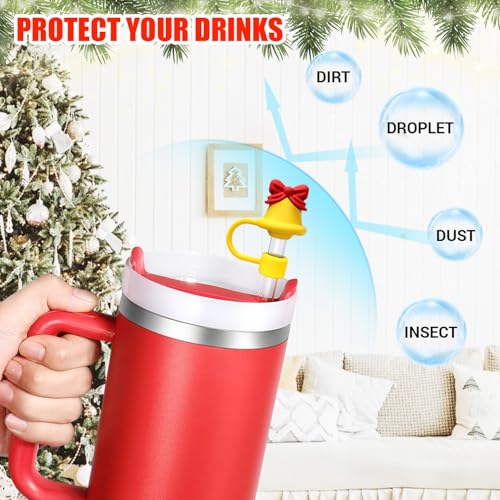 Christmas Reusable Straw Cover Caps for 30oz & 40oz Tumblers - Santa, Elk & Jingle Bell Designs - Pack of 6