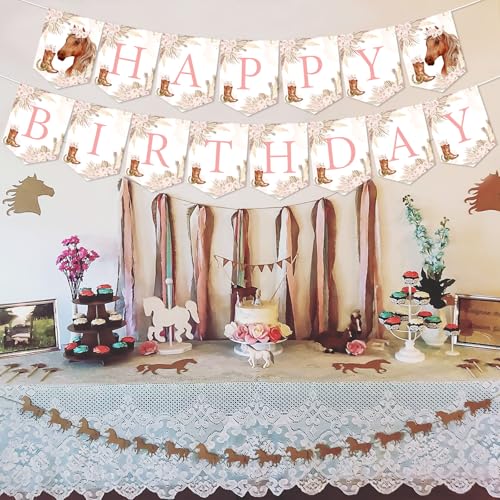 Boho Horse Happy Birthday Banner - Pink Western Cowgirl Party Supplies