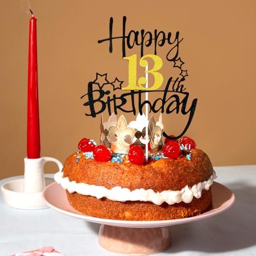 Happy 13th Birthday Cake Topper - Black & Gold Glitter Decoration