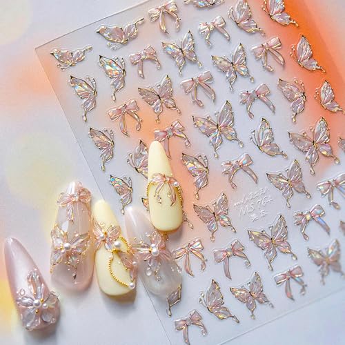 5D Embossed Pink Butterfly Bow Nail Art Stickers Self-Adhesive Decals