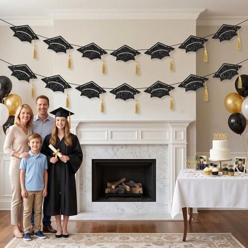 Graduation Cap Banner 2026 with Gold Tassels – Black Glitter Decor