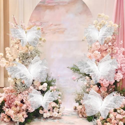 Glitter White Butterfly Christmas Decorations Set - 6 Large & Small Ornaments