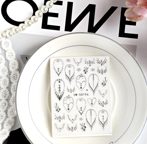Guroenky 5D Embossed Rhinestone Nail Stickers, Silver Heart French Tip Decals