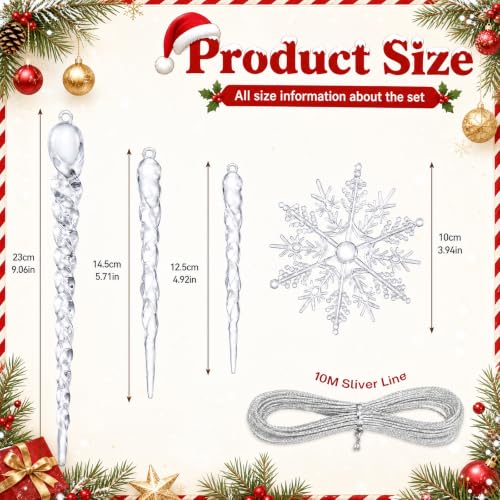 49Pcs Christmas Tree Ornaments Set - Crystal Icicles & Snowflakes, Safe Shatterproof Material