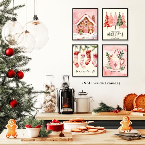 Pink Christmas Tree Gingerbread House Wall Art Prints Set of 4 - Holiday Decor