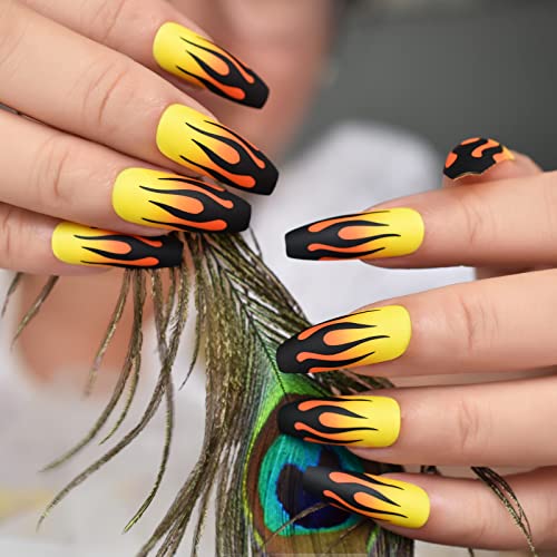 Elevenail Matte Coffin Press on Nails - Halloween Fire Pattern False Nails