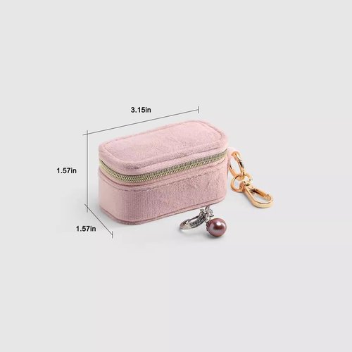 FCGOD Velvet Mini Travel Jewelry Case - 2-in-1 Ring Holder Keychain for Women, Portable Clutch Organizer for Earrings/Necklace, Wedding Party & Vacation Daily Storage Bag Gift for Her (Pink)