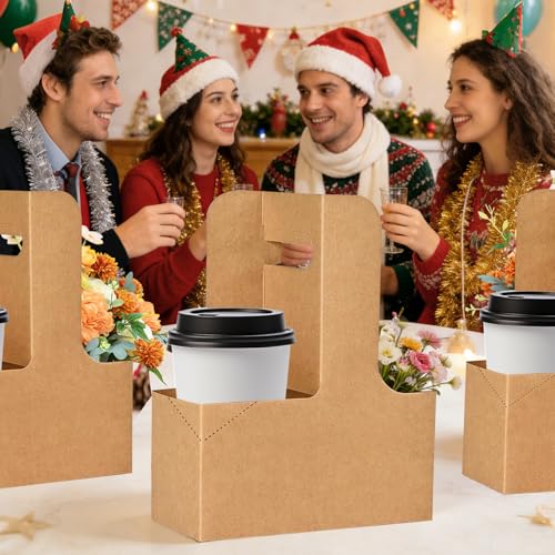 2 Cup Drink Carrier with Handle - 12 Pack Brown Disposable Coffee Carrier