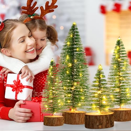 Mini Christmas Trees with Lights - 4 Sizes, Warm White, Timer, 4 Pack - Christmas Decor