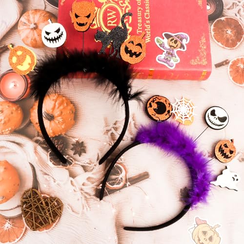 2 Pcs Halloween Feather Headbands Ghost Pumpkin Spider Web Hair Accessories