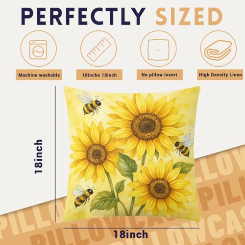 Sunflower Pillow Covers 18x18 inch Set of 4 - Yellow Floral Sofa Decor