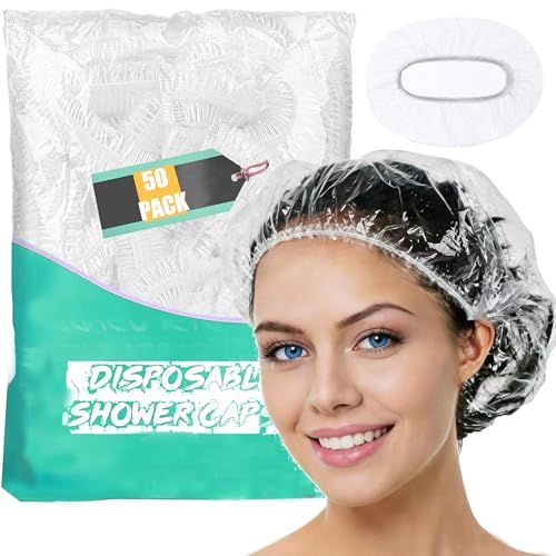 AURAADORN 100 Pcs Disposable Shower Caps 20.5 Inch Large Waterproof Plastic Bath Hair Caps