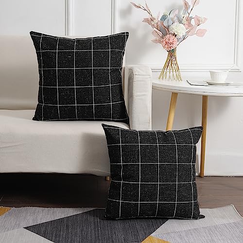 Pack of 2 Black & Beige Plaid Throw Pillow Covers - 20x20 Linen Cushion Covers for Sofa & Living Room