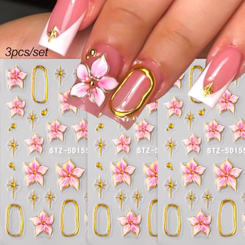 5D Embossed Flower Nail Art Stickers - Pink Lily Gold Frame Decals 3 Sheets
