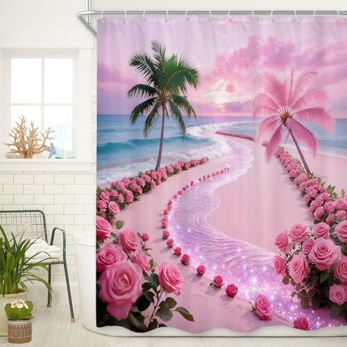 Cinbloo Tropical Beach Shower Curtain Set, Hot Pink Sunset, 60"W x 72"H