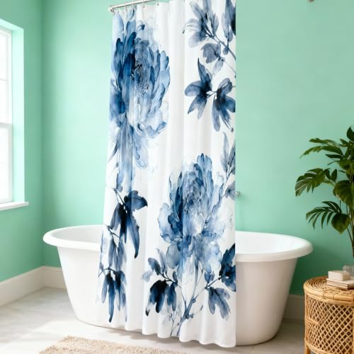 KLYOHAUS Watercolor Floral Shower Curtain, Blue-Gray Bohemian 72x72 Inch