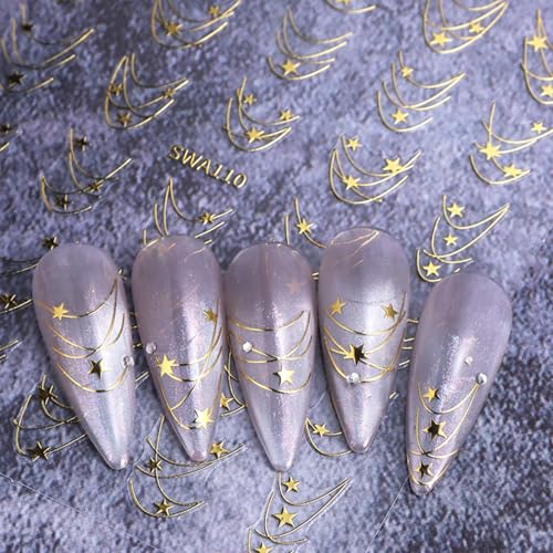 TailaiMei 3D Gold Silver Star Nail Stickers Self-Adhesive Decals (4 Sheets)