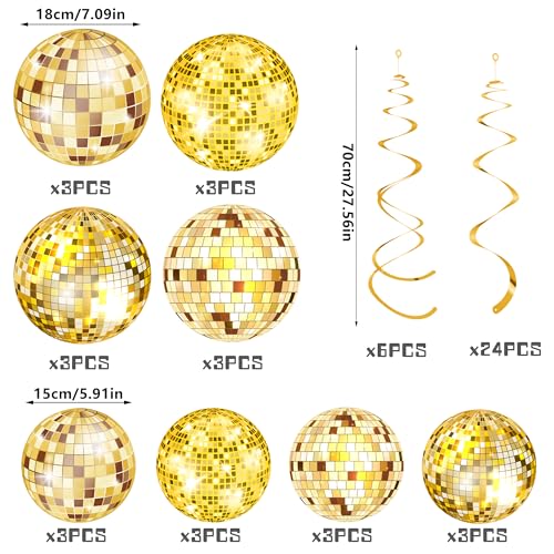 54 Gold Disco Ball Hanging Swirls Party Decorations Set