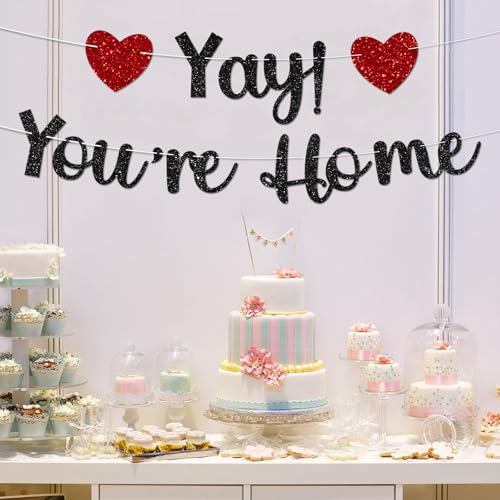 Black Glitter Welcome Home Banner - Yay! You're Home Decoration