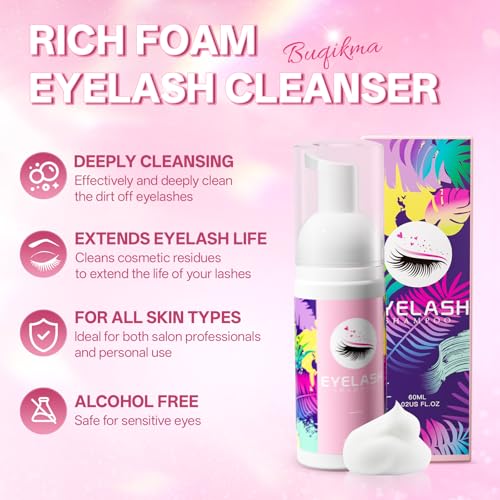Buqikma Eyelash Extension Shampoo Kit with Cleansing Brush - 60ml Gentle Lash Cleanser for Sensitive Eyes