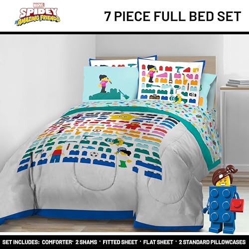 Kids LEGO Comforter Set - White Full Size Bedding with LEGO Design - 7 Pieces