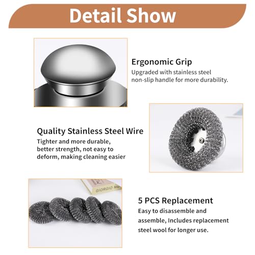 VinYankee Steel Wool Scrubber with Handle - Stainless Steel Cleaning Pads for Kitchen & Home