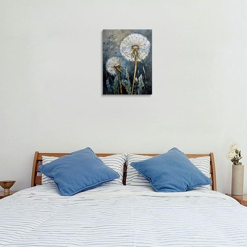 Dandelion Canvas Wall Art - Framed Wildflower Botanical Painting | Serene Blue Gray Decor, 12x16 Inches