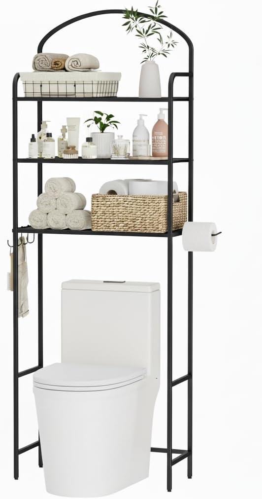 Regine Switzerland Over The Toilet Storage Rack - 3-Tier Bathroom Organizer with Hooks & Paper Holder - Black Metal Shelf