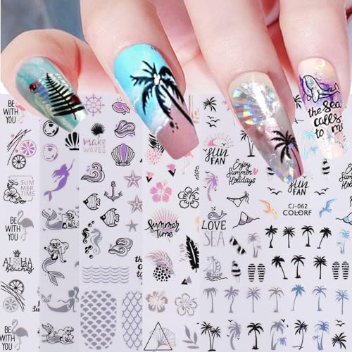 Qdsuh Summer Nail Decals - Holographic Palm Tree & Tropical Stickers, 8 Sheets