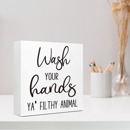 LVQHI Funny Bathroom Sign - 'Wash Your Hands Ya Filthy Animal' Rustic Decor for Shelves & Tabletops