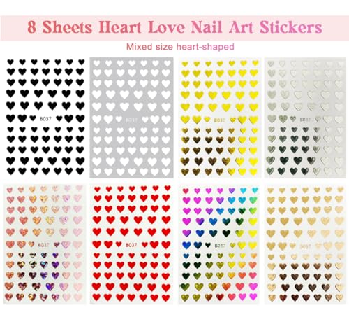 SONGJIE 8 Sheets 3D Heart Nail Stickers Self-Adhesive Decals
