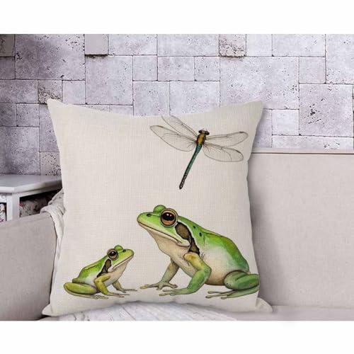 Frog and Dragonfly Watercolor Throw Pillow Cover, 18x18 Inch Cotton Linen