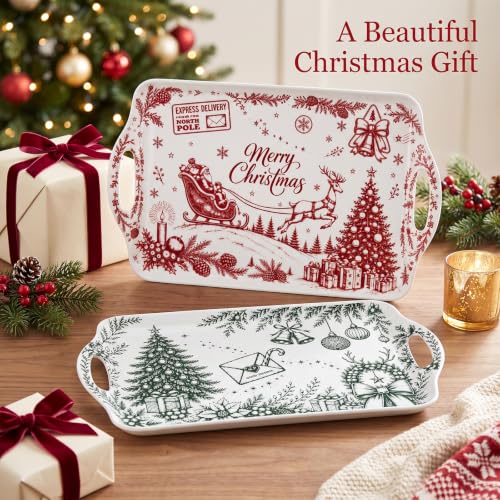 Christmas Serving Trays with Handles - Vintage Red & Green Set of 2, 19 x 11.6 Inch Melamine Platters with Silicone Mats