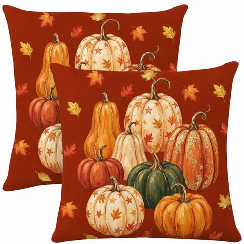 Fall Pumpkin Pillow Covers 18x18 - Set of 2 for Cozy Decor