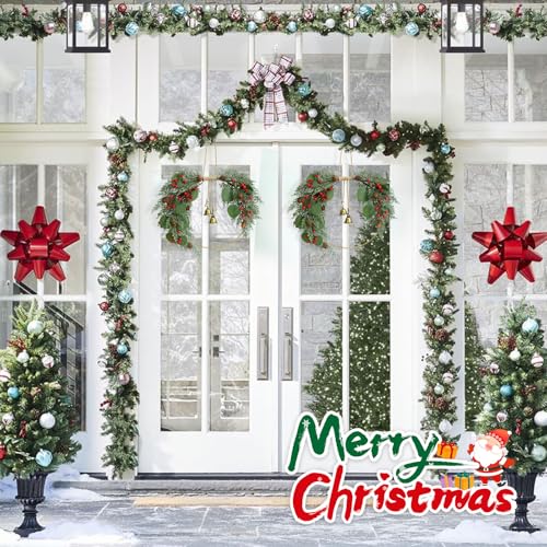 Christmas Wreath for Front Door Artificial Half Circle Wreath with Bell Pine Cones Red Berries Eucalyptus - Red