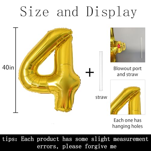 Keyali 40 Inch Gold Number 4 Foil Helium Balloon for Birthday Party