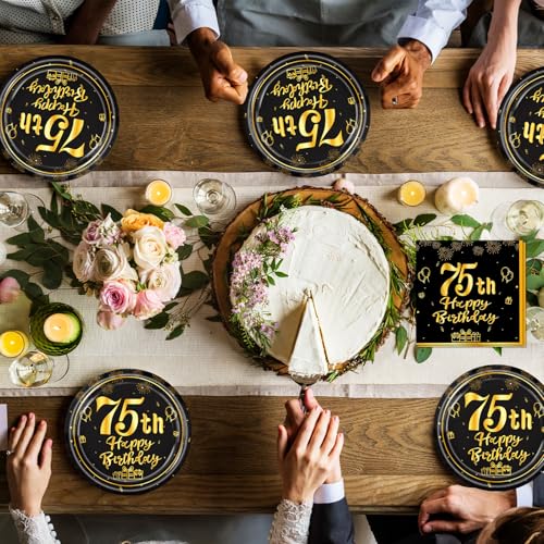 75th Birthday Party Decorations Kit for Men Women - Black & Gold Plates & Napkins | 75th Variation