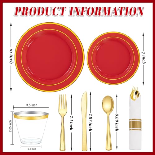 Red Plastic Party Plates Set 175 Pieces with Gold Rim Disposable Dinner & Dessert Plates, Cups & Napkins - Variation of THIS listing
