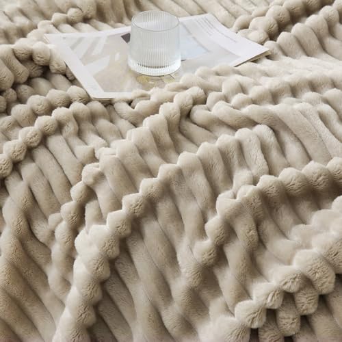 Khaki Striped Throw Blanket 50x60 inches - Plush Fleece for Couch