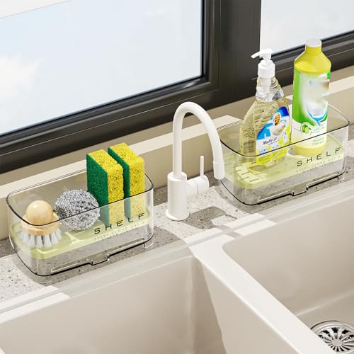 Green Acrylic Sponge Holder for Kitchen Sink with Auto-Draining Tray