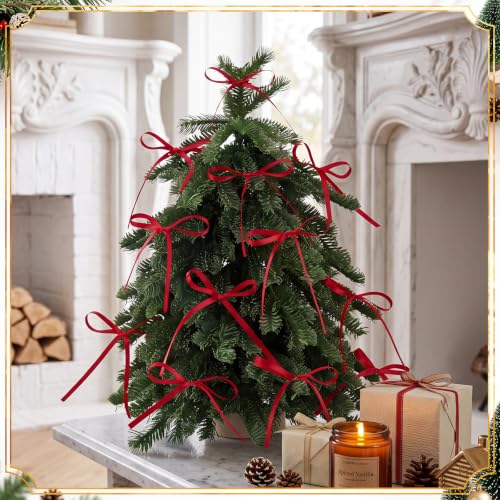 Artificial Christmas Tree with Red Bows - 15.75 Inch Mini Tabletop Decor