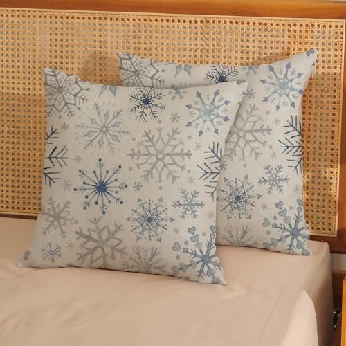 Christmas Pillow Covers 20x20 Inch Set of 2 - Blue Grey Snowflakes Holiday Decor