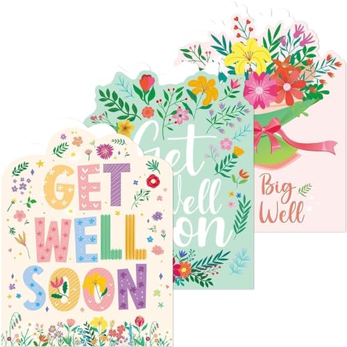 Jumbo Get Well Soon Cards - 3 Floral Designs with Envelopes