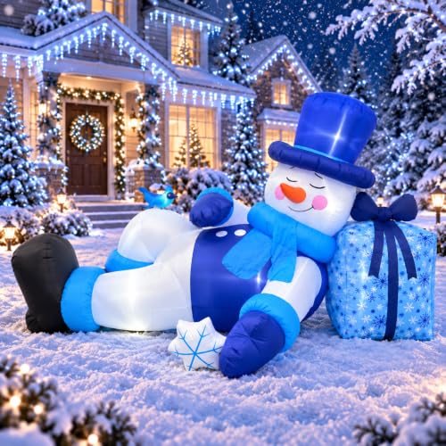 Long Christmas Inflatable Reclining Snowman Decor - 9.8FT Outdoor Holiday Decoration with LED Lights - Variation: Snowman