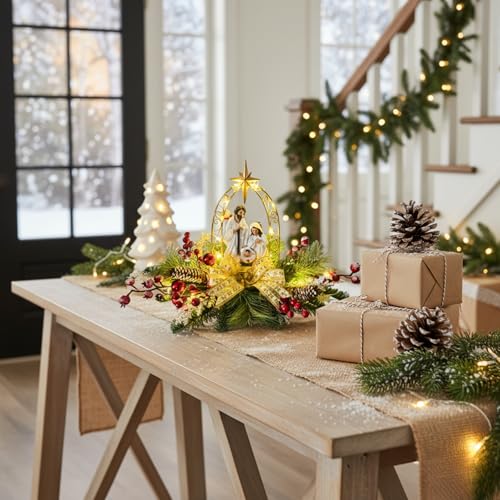 Lighted Nativity Scene Christmas Decor with Timer and Gold Bow, 20 Inches