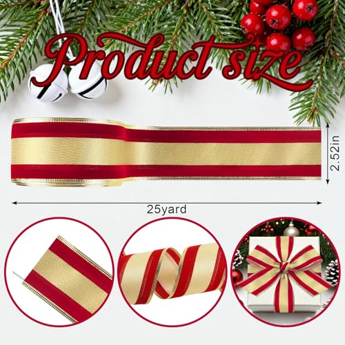 ABTOLS 25 Yards Christmas Wired Ribbons - Red & Gold Stripe Burlap for Holiday Decor