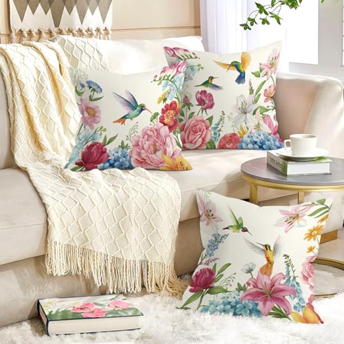Floral Hummingbird Throw Pillow Covers 18x18 - Set of 4