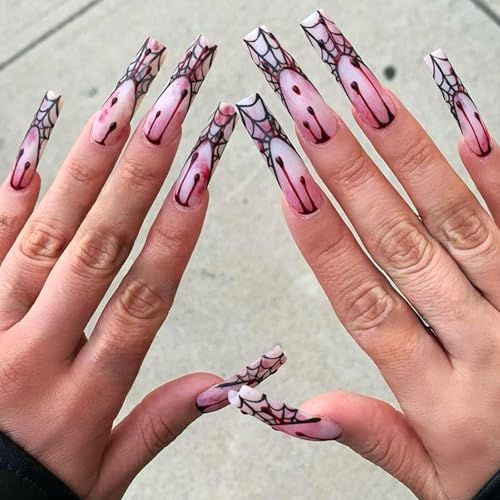 GCSQW Halloween Long Square Press On Nails Matte Blood Drop & Spider Web Fake Nails