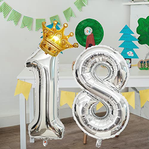 32 Inch Silver Number 18 Foil Balloon with Mini Crown for Birthday Party