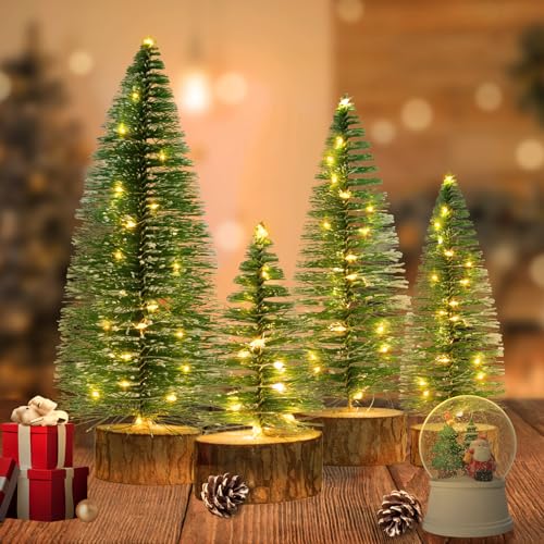 Mini Christmas Trees with Lights - 4 Sizes, Warm White, Timer, 4 Pack - Christmas Decor